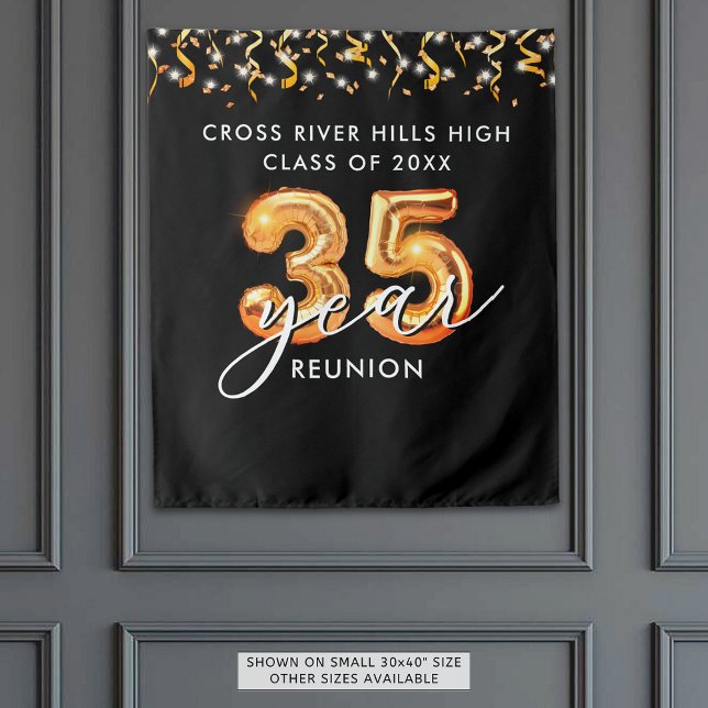 35th Class Reunion Black Orange Balloons Confetti Tapestry (Creator Uploaded)