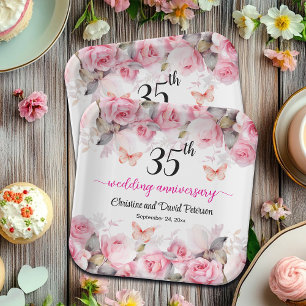 35th Coral Wedding Anniversary Blush Roses Paper Plate