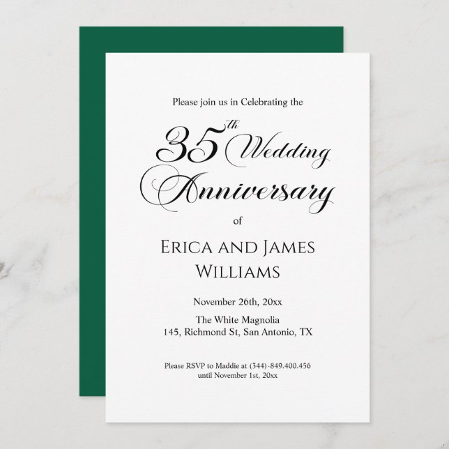 35th Coral Wedding Anniversary Elegant Script Invitation (Front/Back)