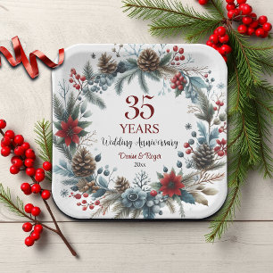 35th Coral Wedding Anniversary Elegant Winter Paper Plate