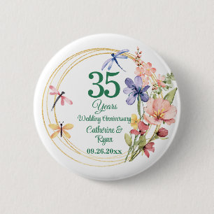 35th Coral Wedding Anniversary Gold Frame Floral 6 Cm Round Badge