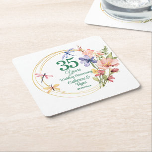 35th Coral Wedding Anniversary Gold Frame Floral Square Paper Coaster
