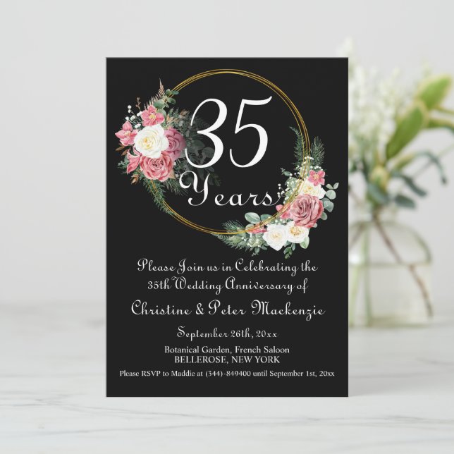 35th Coral Wedding Anniversary Roses Gold Frame Invitation (Standing Front)