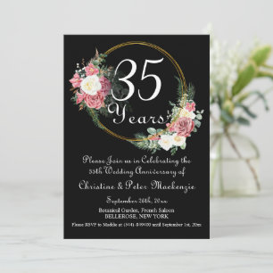 35th Coral Wedding Anniversary Roses Gold Frame Invitation