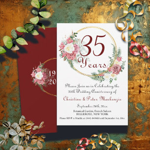 35th Coral Wedding Anniversary Roses Gold Frame Invitation