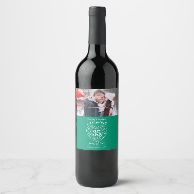 35th emerald wedding anniversary custom photo wine label (Front)
