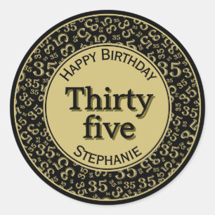 35th Happy Birthday Number Pattern Black/Gold Classic Round Sticker