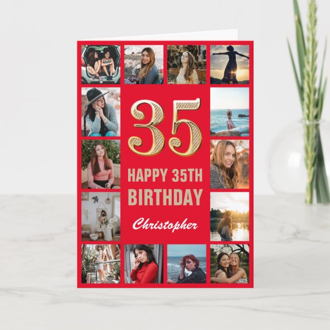 35th Happy Birthday Red and Gold Photo Collage Card (Front)