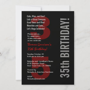 35th Modern Birthday Black White Red Metallic Invitation