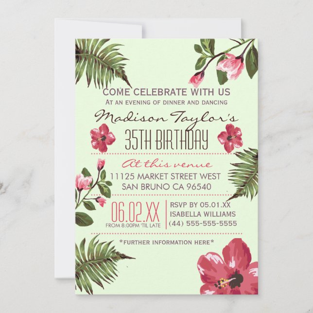 35th Party Exotic Hibiscus & Tropical Palm Leaves Invitation (Front)