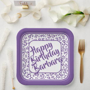 35th Party Random Number Pattern Purple/White Paper Plate