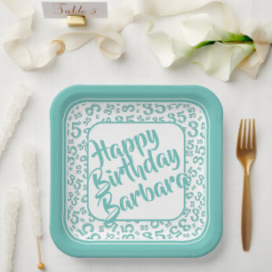 35th Party Random Number Pattern Teal/White Paper Plate