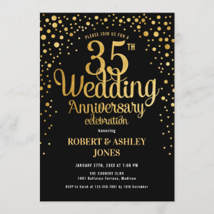 35th Wedding Anniversary - Black & Gold Invitation