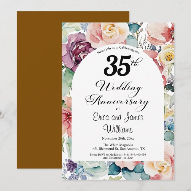 35th Wedding Anniversary Elegant Script Floral Invitation (Front/Back)