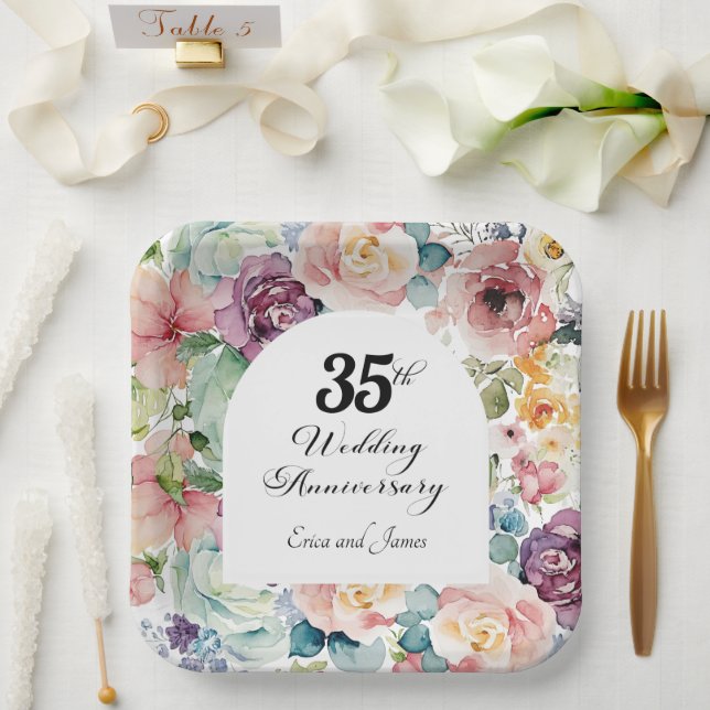 35th Wedding Anniversary Elegant Script Floral Paper Plate (Wedding)