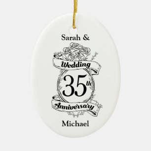 35th Wedding Anniversary Flowers black and white Ceramic Ornament