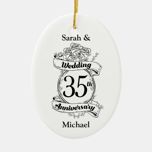 35th Wedding Anniversary Flowers black and white Ceramic Ornament (Front)
