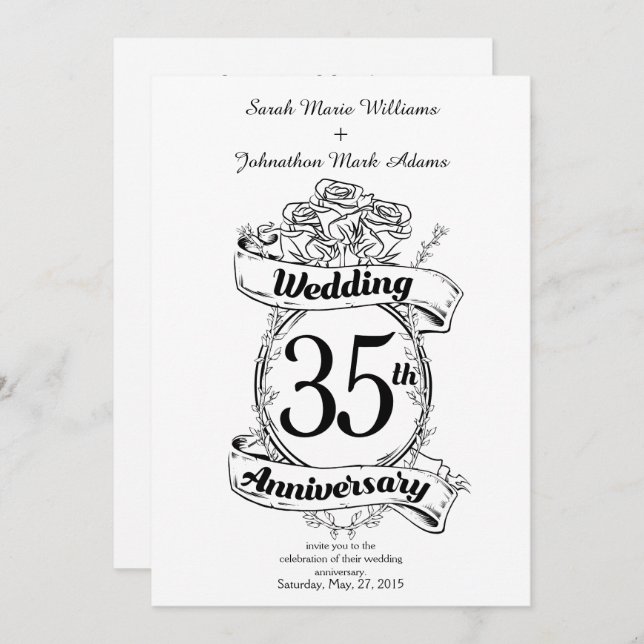 35th Wedding Anniversary Flowers black and white Invitation (Front/Back)