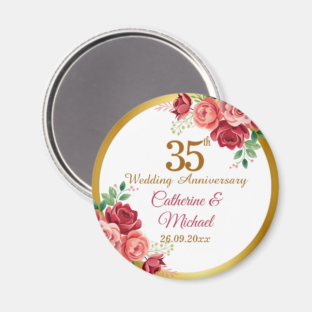 35th Wedding Anniversary Gold Frame Floral Magnet (Front/Back)