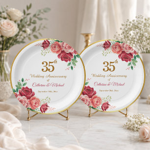 35th Wedding Anniversary Gold Frame Floral Paper Plate
