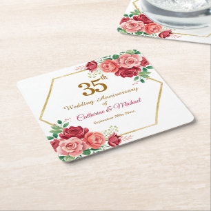 35th Wedding Anniversary Gold Frame Floral Square Paper Coaster