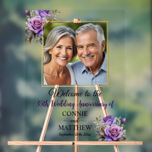 35th Wedding Anniversary Gold Frame Purple Roses Acrylic Sign