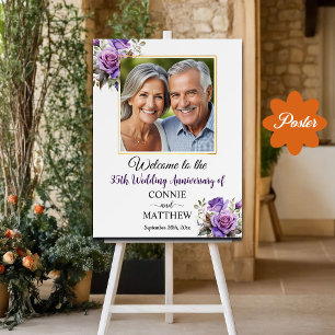 35th Wedding Anniversary Gold Frame Purple Roses Poster