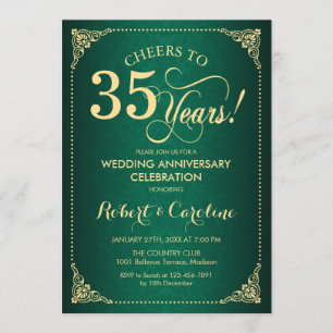 35th Wedding Anniversary - Green Gold Damask Invitation