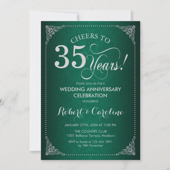 35th Wedding Anniversary - Green Silver Damask Invitation (Front)