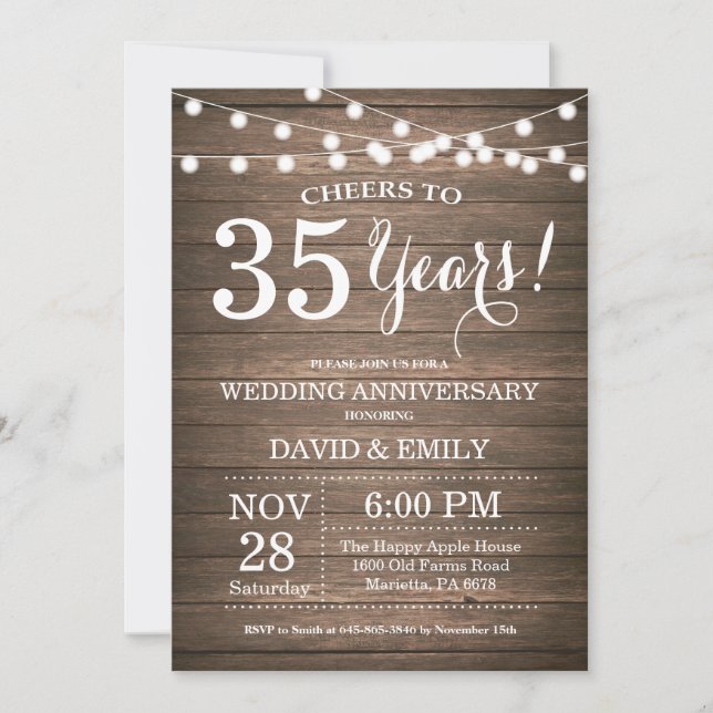 35th Wedding Anniversary Invitation Rustic Wood (Front)