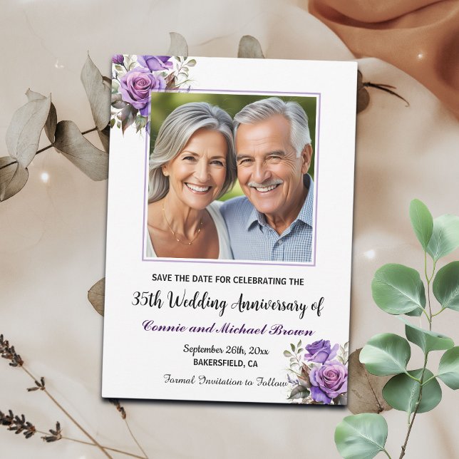 35th Wedding Anniversary Purple Roses Photo Save The Date (Creator Uploaded)