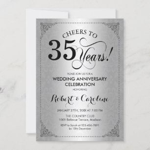 35th Wedding Anniversary - Silver Black Damask Invitation