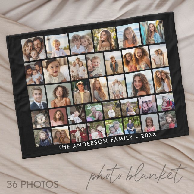36 Photo Collage - modern grid - black Fleece Blanket (Photo Blanket - Custom Pictures in a Collage)