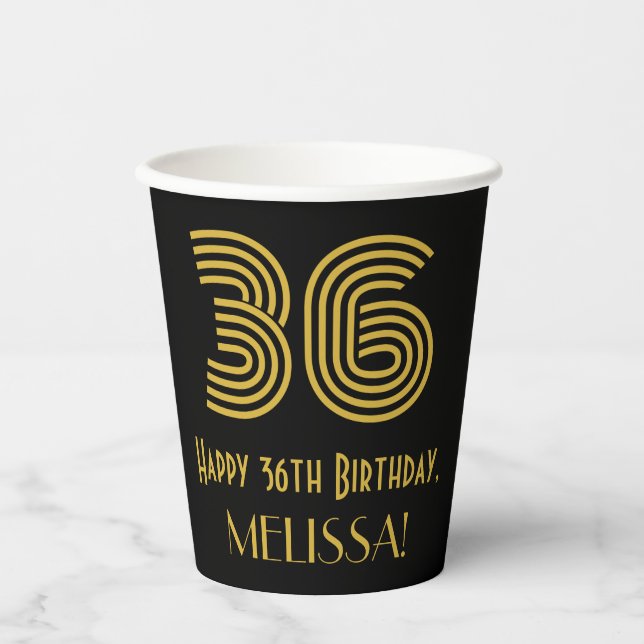 36th Birthday: Art Deco Inspired Look “36” & Name Paper Cups (Front)