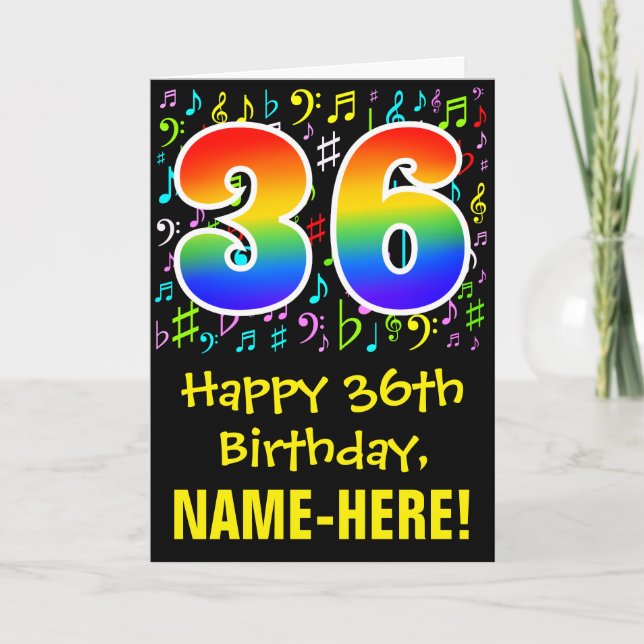 36th Birthday: Colorful Music Symbols + Rainbow 36 Card (Front)