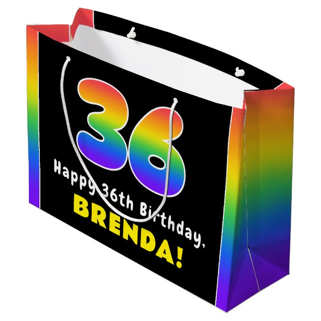 36th Birthday: Colorful Rainbow # 36, Custom Name Large Gift Bag (Back Angled)