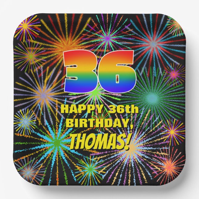 36th Birthday: Colourful, Fun Celebratory Firework Paper Plate (Front)