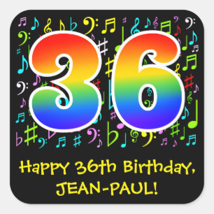 36th Birthday: Colourful Music Symbols, Rainbow 36 Square Sticker