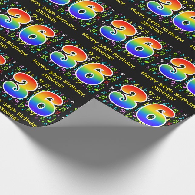 36th Birthday: Colourful Music Symbols, Rainbow 36 Wrapping Paper (Corner)
