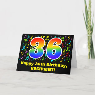 36th Birthday: Colourful Music Symbols & Rainbow 3 Card