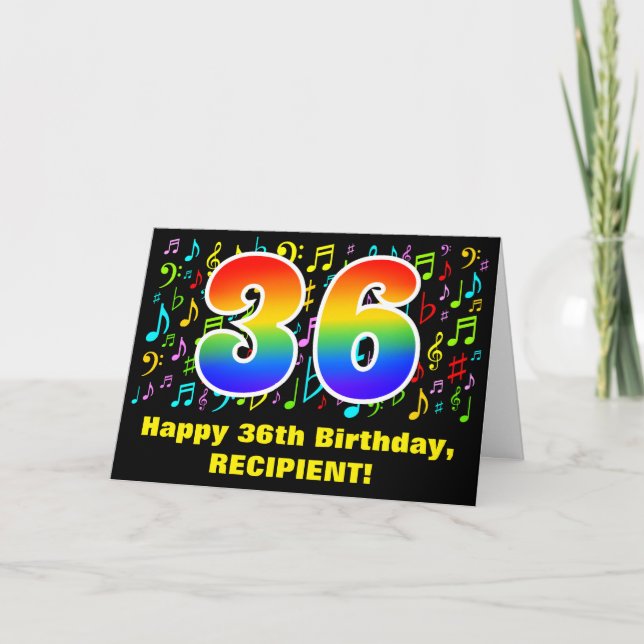 36th Birthday: Colourful Music Symbols & Rainbow 3 Card (Front)