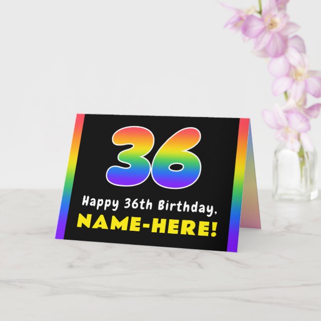 36th Birthday: Colourful Rainbow # 36, Custom Name Card (Orchid)