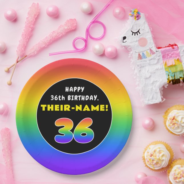 36th Birthday: Colourful Rainbow # 36, Custom Name Paper Plate (Party)