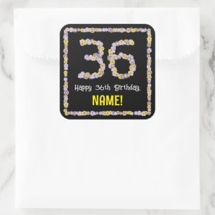 36th Birthday: Floral Flowers Number, Custom Name Square Sticker