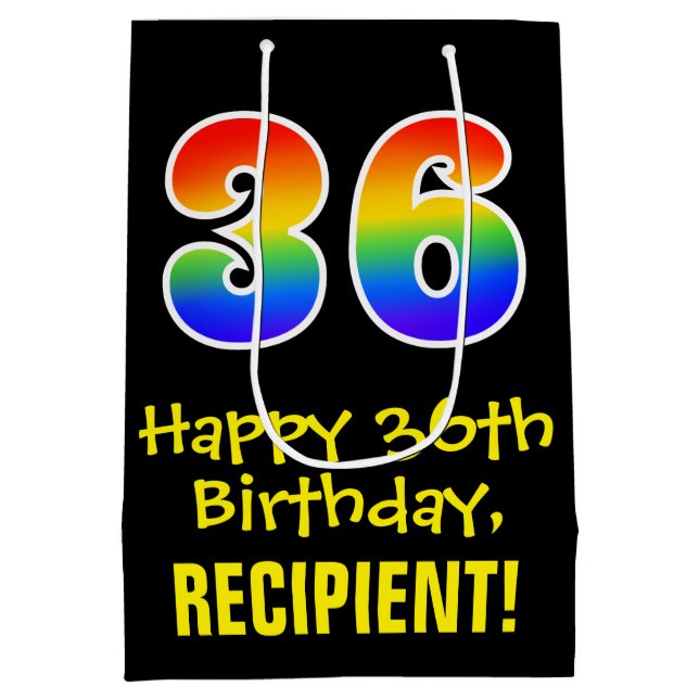 36th Birthday: Fun, Bold, Colourful, Rainbow "36" Medium Gift Bag (Back)