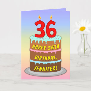 36th Birthday — Fun Cake & Candles, w/ Custom Name Card