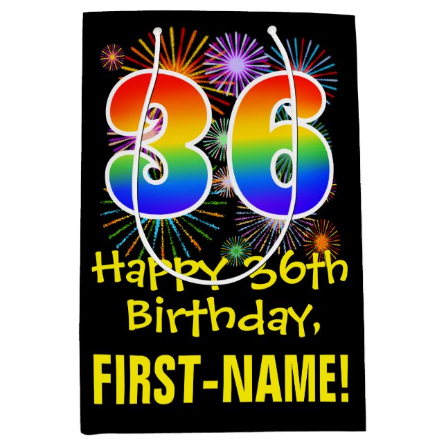 36th Birthday: Fun Fireworks Pattern + Rainbow 36 Medium Gift Bag (Front)