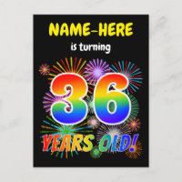 36th Birthday - Fun Fireworks, Rainbow Look "36"