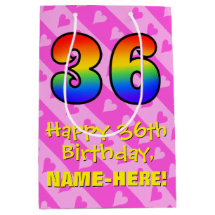 36th Birthday: Fun Pink Hearts Stripes; Rainbow 36 Medium Gift Bag