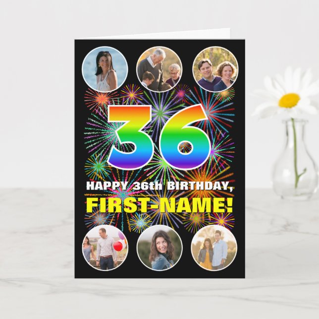 36th Birthday: Fun Rainbow #, Custom Name & Photos Card (Small Plant)